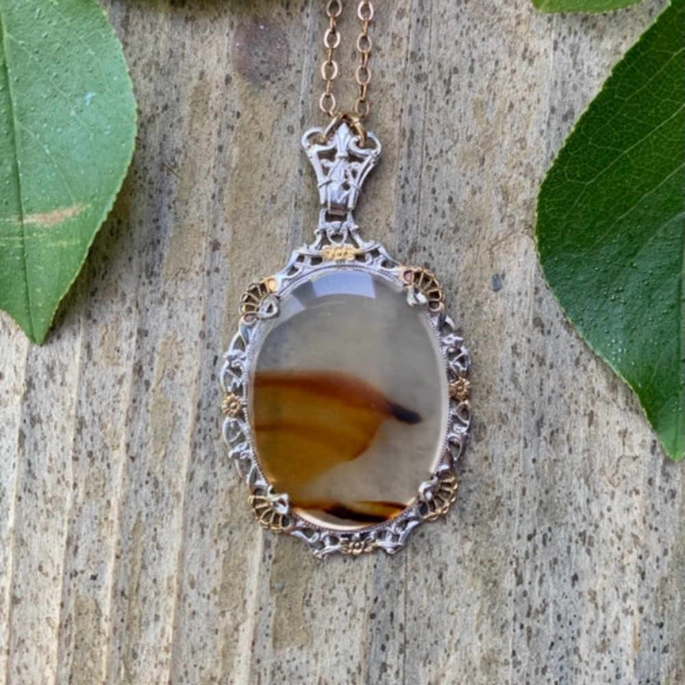 Art Deco Rose Gold Sterling Silver Dendritic Agate Pendant Necklace 18"